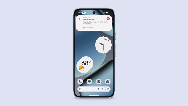 Smartphone con notifica di Gemini che invita a completare in DoorDash un ordine preparato