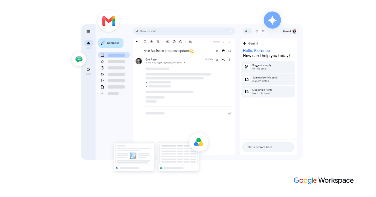 Interfaccia Gmail con il pannello laterale Gemini e opzioni per riassumere e rispondere ai messaggi