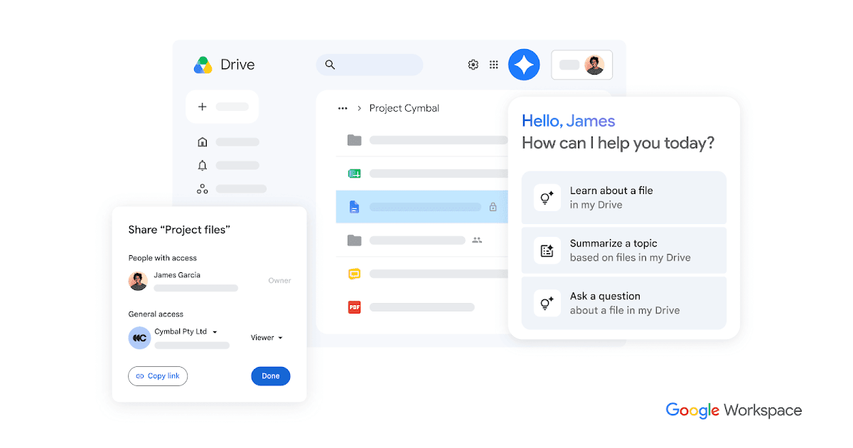 Google Drive mostra un elenco di file accanto al pannello Gemini per cercare e riassumere documenti.