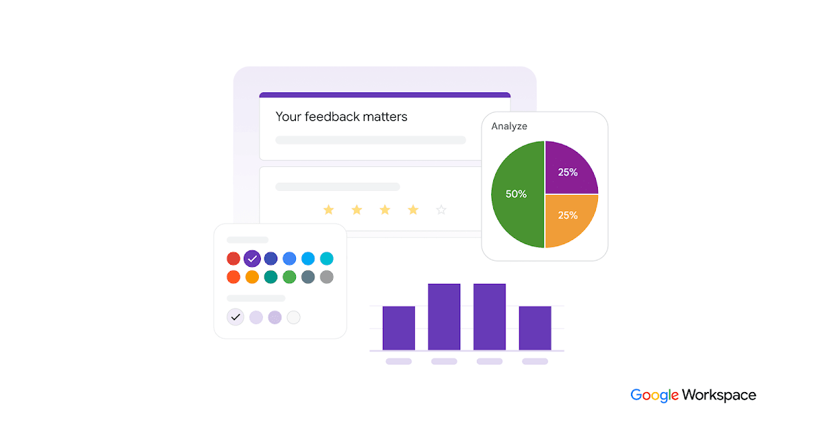 Illustrazione di Google Moduli con un modulo di feedback e un grafico delle risposte.