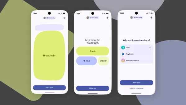 Tre schermate illustrative di Pause Point: pausa di respirazione, timer e suggerimenti di app alternative
