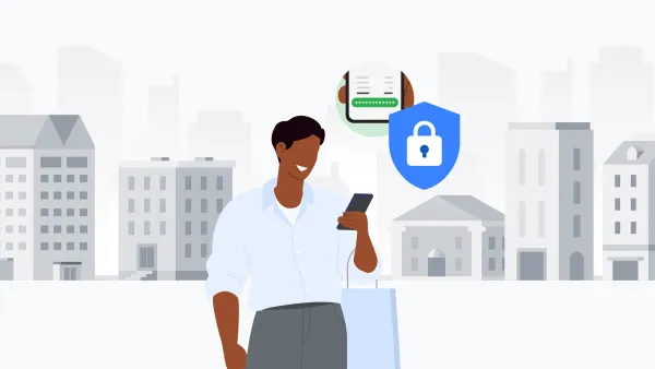 Persona con smartphone e icona di documento digitale protetto