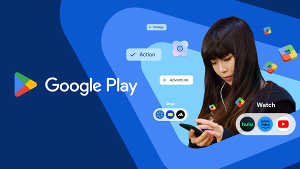 Illustrazione ufficiale Google Play con una persona che usa lo smartphone e icone di app e contenuti digitali.