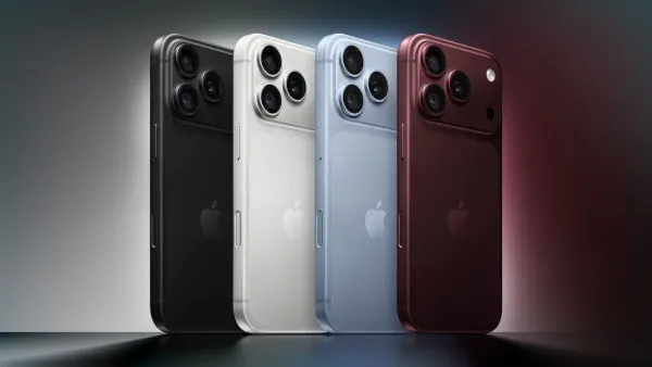 Quattro iPhone 18 Pro mostrati dal retro nelle finiture scura, argento, chiara e bordeaux.