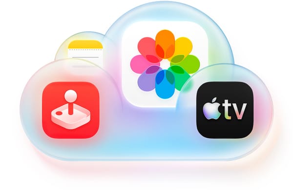 Illustrazione Apple con icone di Foto, Apple Arcade e Apple TV raccolte in una nuvola iCloud+