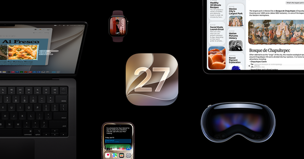 Composizione grafica Apple con il logo iOS 27 al centro e schermate del sistema su più dispositivi