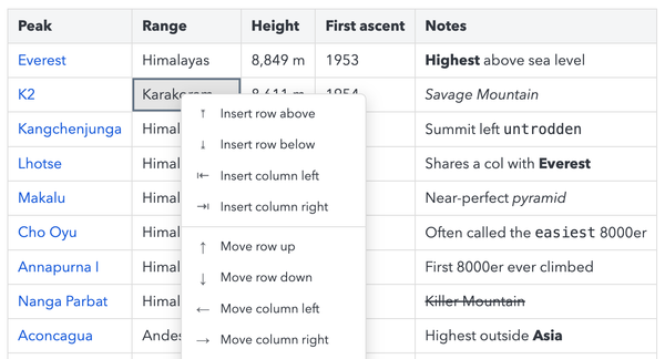 Editor Joplin con tabella Markdown e menu per modificare righe e colonne