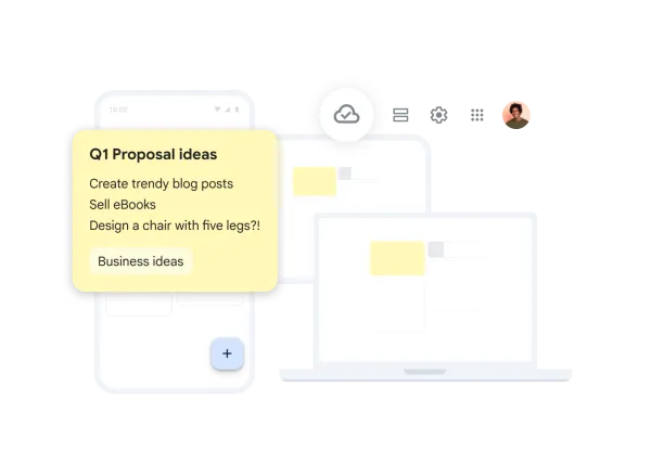 Schermata illustrata di Google Keep su telefono e computer, con una nota gialla e riquadri per organizzare appunti