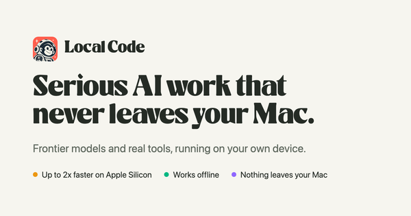Logo e schermata ufficiale promozionale di Local Code, l’assistente AI di Draw Things per Mac