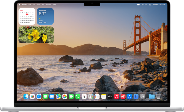Schermata di macOS 27 Golden Gate su un MacBook, con il Golden Gate Bridge sullo sfondo