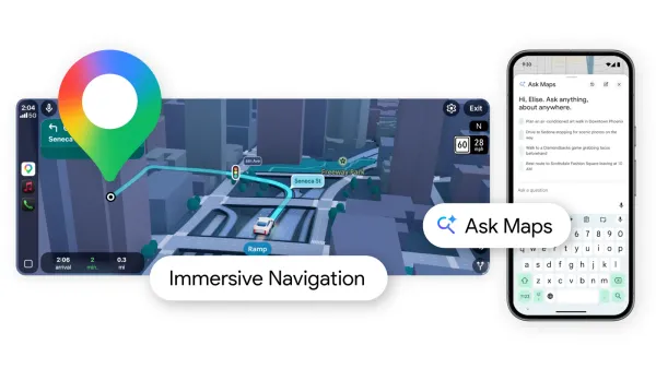 Google Maps mostrato su uno smartphone con Ask Maps e su uno schermo di navigazione immersiva.
