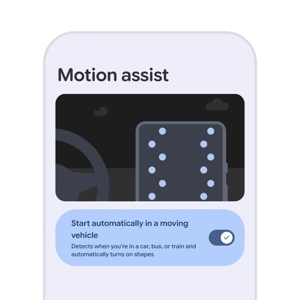 Schermata Android delle impostazioni Motion Assist con bolle visive e attivazione automatica in un veicolo in movimento