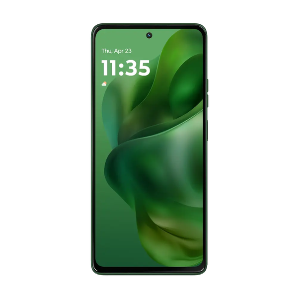 Vista frontale del moto g power (2025) verde con schermo acceso
