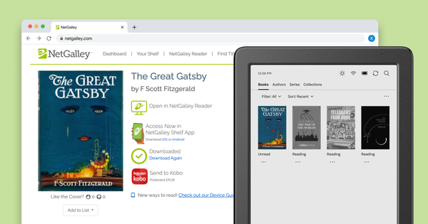 Schermata NetGalley con l’opzione Send to Kobo accanto a un e-reader Kobo con la libreria sincronizzata