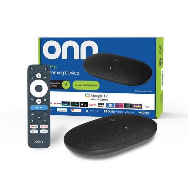 Onn 4K Pro con Google TV e Gemini: confezione con la dicitura compatibilità solo USA, dispositivo e telecomando
