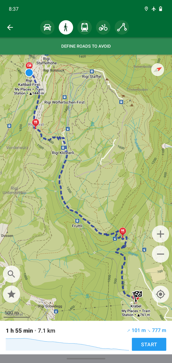 Schermata di Organic Maps con un percorso escursionistico offline nell’area del Rigi, in Svizzera