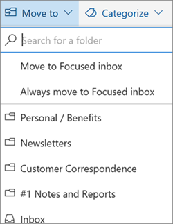Schermata di Outlook sul Web con la posta in arrivo e il menu Sposta