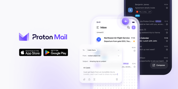 Schermate illustrative di Proton Mail su smartphone e computer, con il logo e la posta in arrivo.