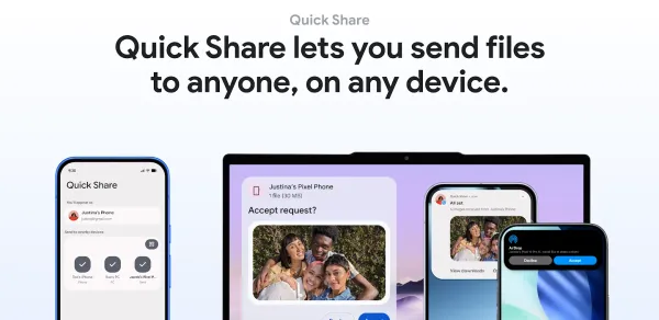Quick Share invia file da un telefono Android a dispositivi vicini; l’immagine mostra anche l’interoperabilità con AirDrop.
