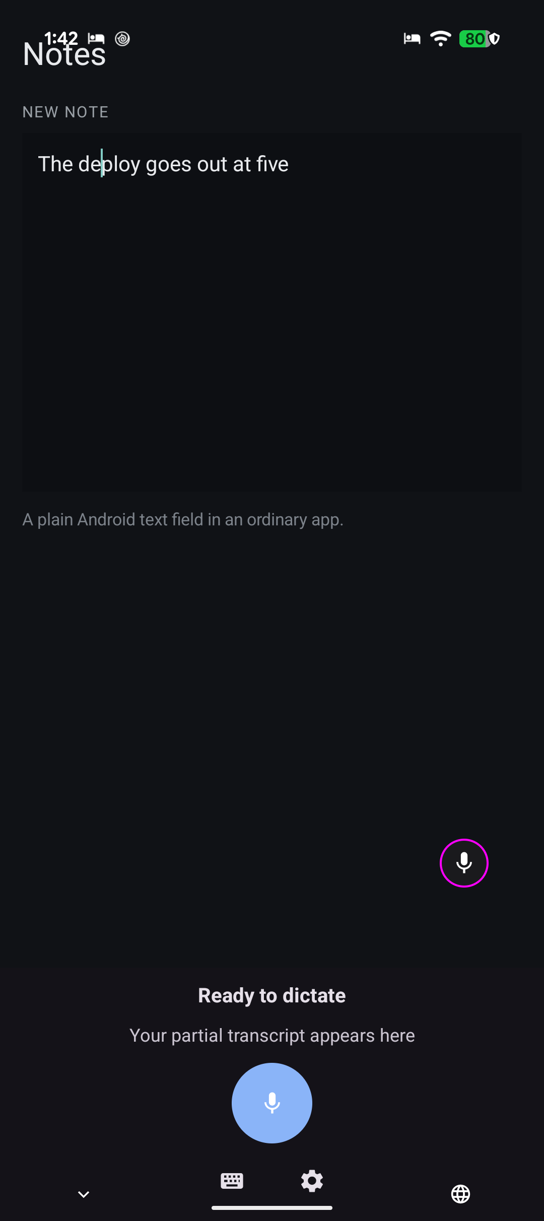 Schermata Ramblr su Android con campo di testo e controlli per dettare