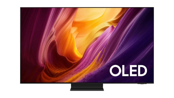 Televisore Samsung OLED con immagine astratta viola e arancione sullo schermo