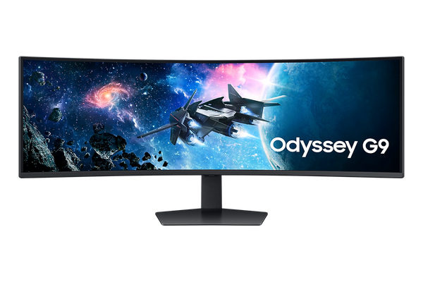 Monitor curvo Samsung Odyssey G9 da 49 pollici mostrato frontalmente con un’immagine spaziale sullo schermo