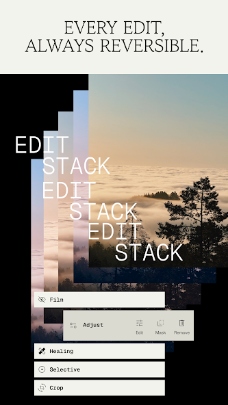 Schermata di Snapseed con pila di modifiche e strumenti di regolazione su una fotografia