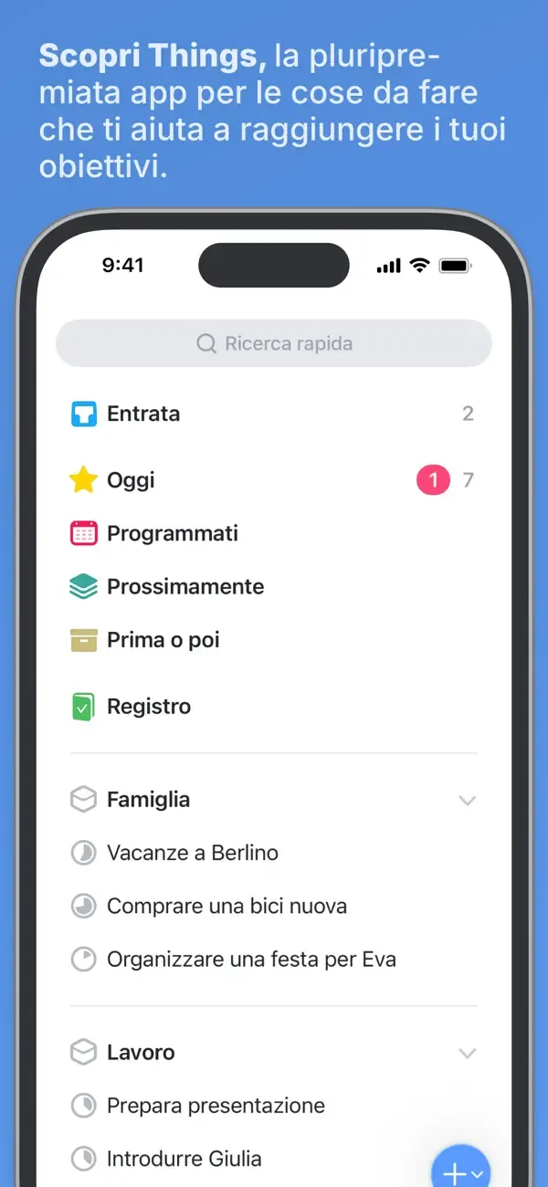 Schermata ufficiale di Things su iPhone con gli elenchi Entrata, Oggi e Programmati
