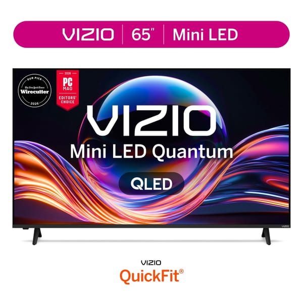 Televisore Vizio Mini LED Quantum da 65 pollici mostrato frontalmente con schermata promozionale del prodotto